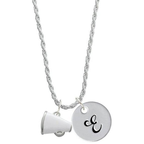 Delight Jewelry Silvertone Small White Megaphone Silvertone Script Initial Disc - E - Charm Necklace, 20"+3"