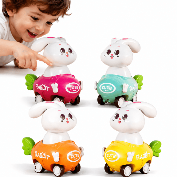 Bobby.Duck 4PCS Toy Cars for Kids, Rabbit Press and Go Pull Back Car, Toddler Toy Cars for Babies 1-3, Animal Vehicle Toys, ABS Safe Push and Go Cars, Birthday Gift for Boys Girls
