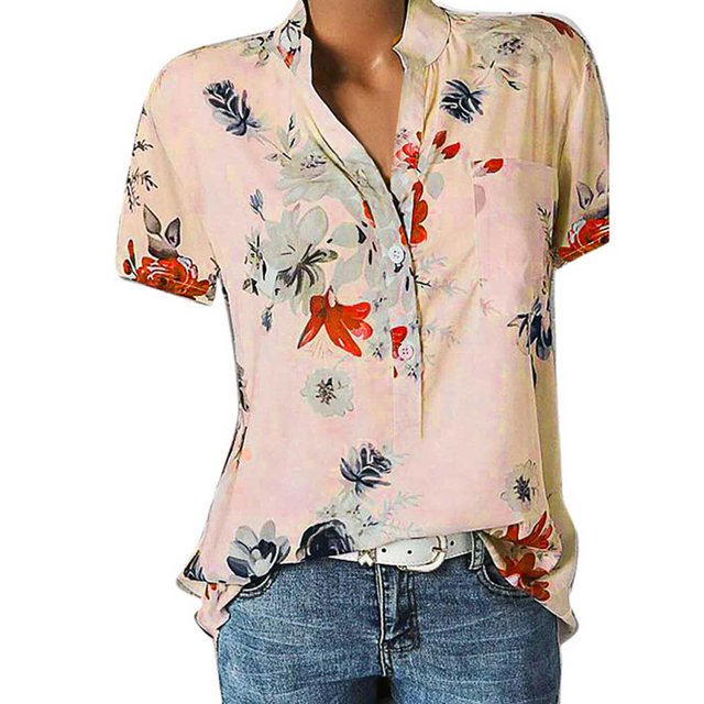 Sonducket Camisa de mujer Blusa casual estampada Cuello en V Top de manga corta Prendas para la parte del cuerpo Albaricoque 4XL Sonducket AP002115-23