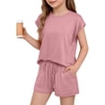 thumbnail image 2 of Girls 2 Piece Outfits Set Solid Color Round Neck Short Sleeve Top and Drawstring Shorts Set Summer Casual Loungewear Comfortable Clothing Sets with Pockets, 2 of 9