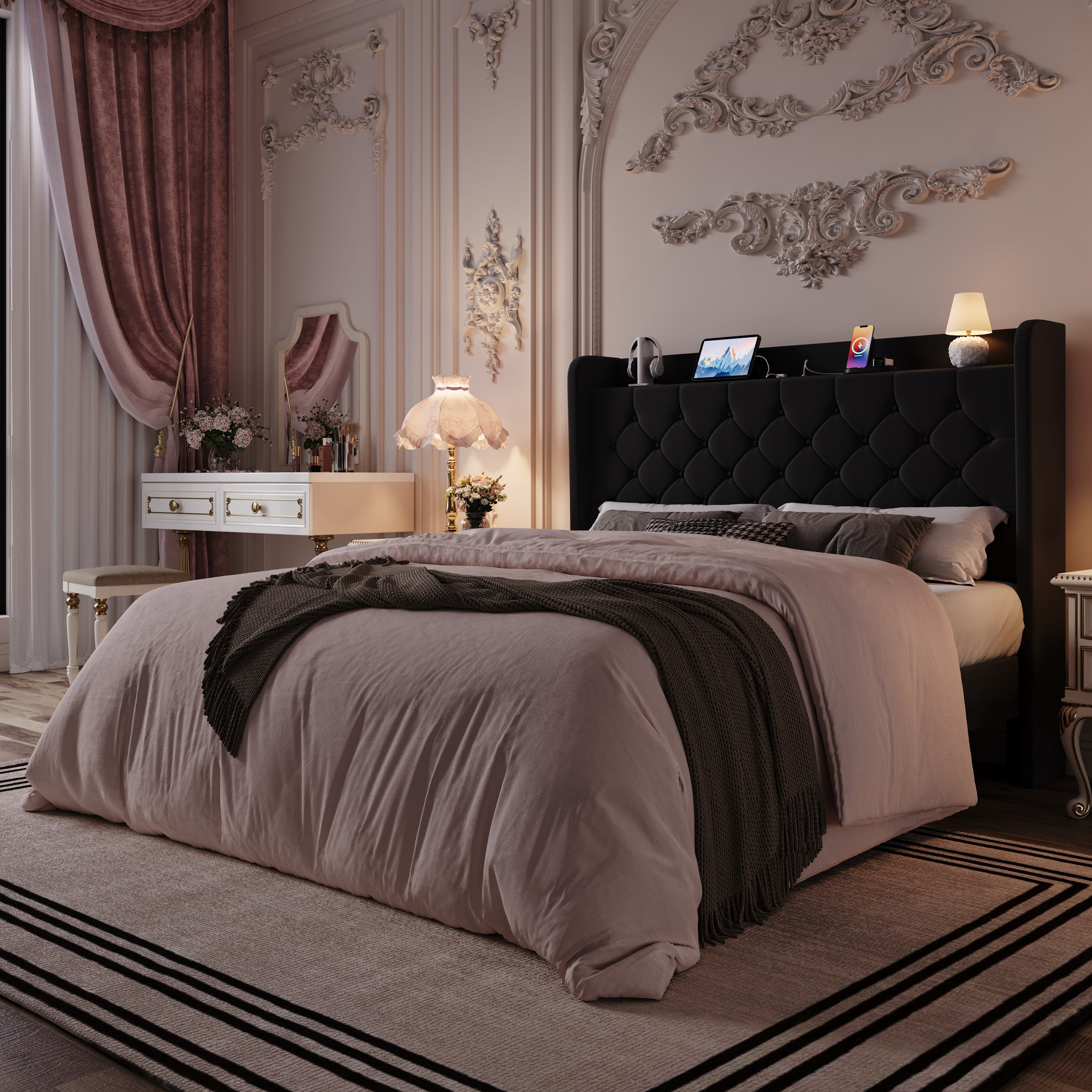 Einfach Queen Bed Frame, Upholstered Platform Bed with Storage Wingback Headboard and Fast Charging Hub, No Box Spring Required, Black