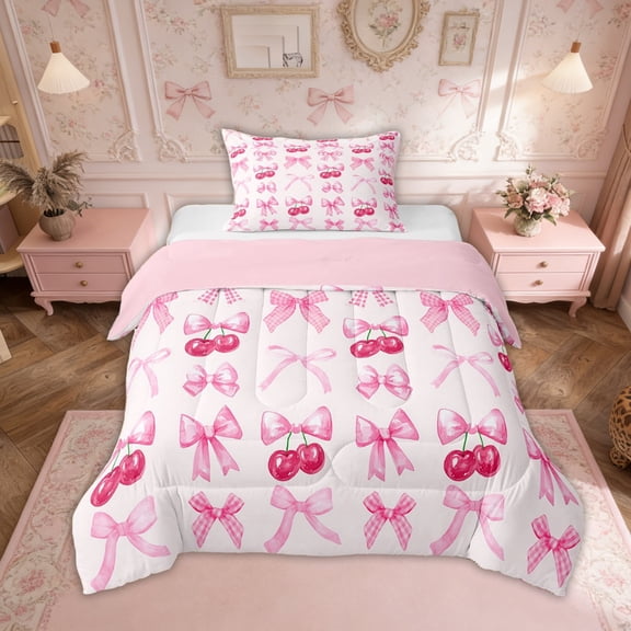 Erosebridal Pink Plaid Bow Bedding Comforter Sets Twin Cute Bowknot Comforter Set Grids Ribbon Bow Cherry Bedding Set Kawaii Watercolor Duvet Insert Teen Women Room Decor 2 Pcs