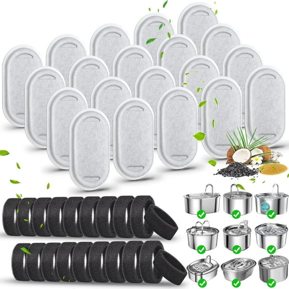 Kospetsin 40 pack Cat Water Fountain Filters-Cat Fountain Replacement Filters for Stainless Steel 108/3.2L& 67oz/2L(20 Pack Pet Water Filter Refills 20 Pack Sponges)
