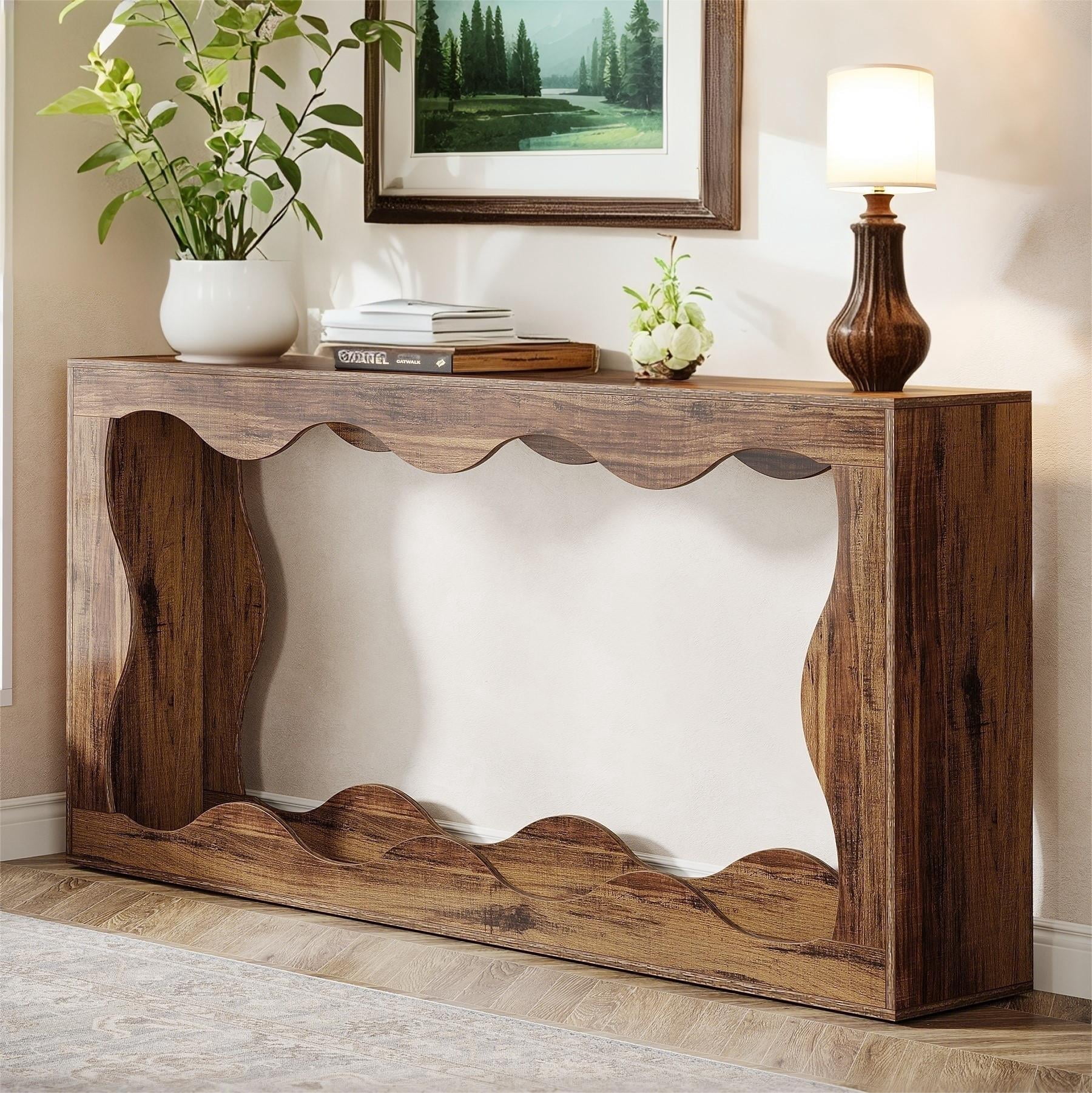 Fnova 63" Long Farmhouse Console Table for Entryway, Wave-Shaped Wood Entryway Table, Sofa Table for Living Room, Dark Brown