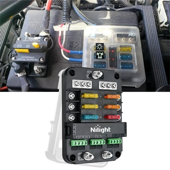 Nilight 6 Way Fuse Relay Block with Acc Control Negative Bus 12V Blade Holder ATC/ATO Box Label Stickers Waterproof Cover Panel for Automotive Cars Motorcycle RVs Vans