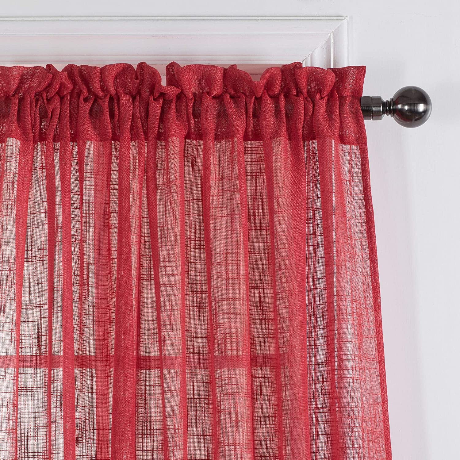 2 Piece Red Semi Sheer Light Filtering Linen Texture Window Curtain