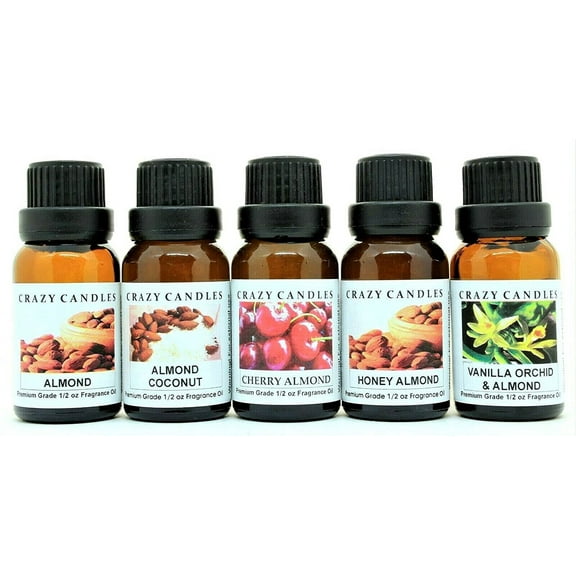 Crazy Candles 5 Bottles Set (Made in USA) 1 Almond, 1 Almond Coconut, 1 Cherry Almond, 1 Honey Almond, 1 Vanilla Orchid Almond 1/2 fl oz Each (15ml) Premium Grade Scented Fragrance Oils