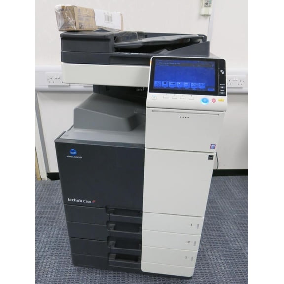 Restored Konica Minolta BizHub C258 Color Multifunction Copier  25 ppm Color & B/W, 2 Trays, Auto Document Feeder, Duplex, Cabinet Included (Refurbished)