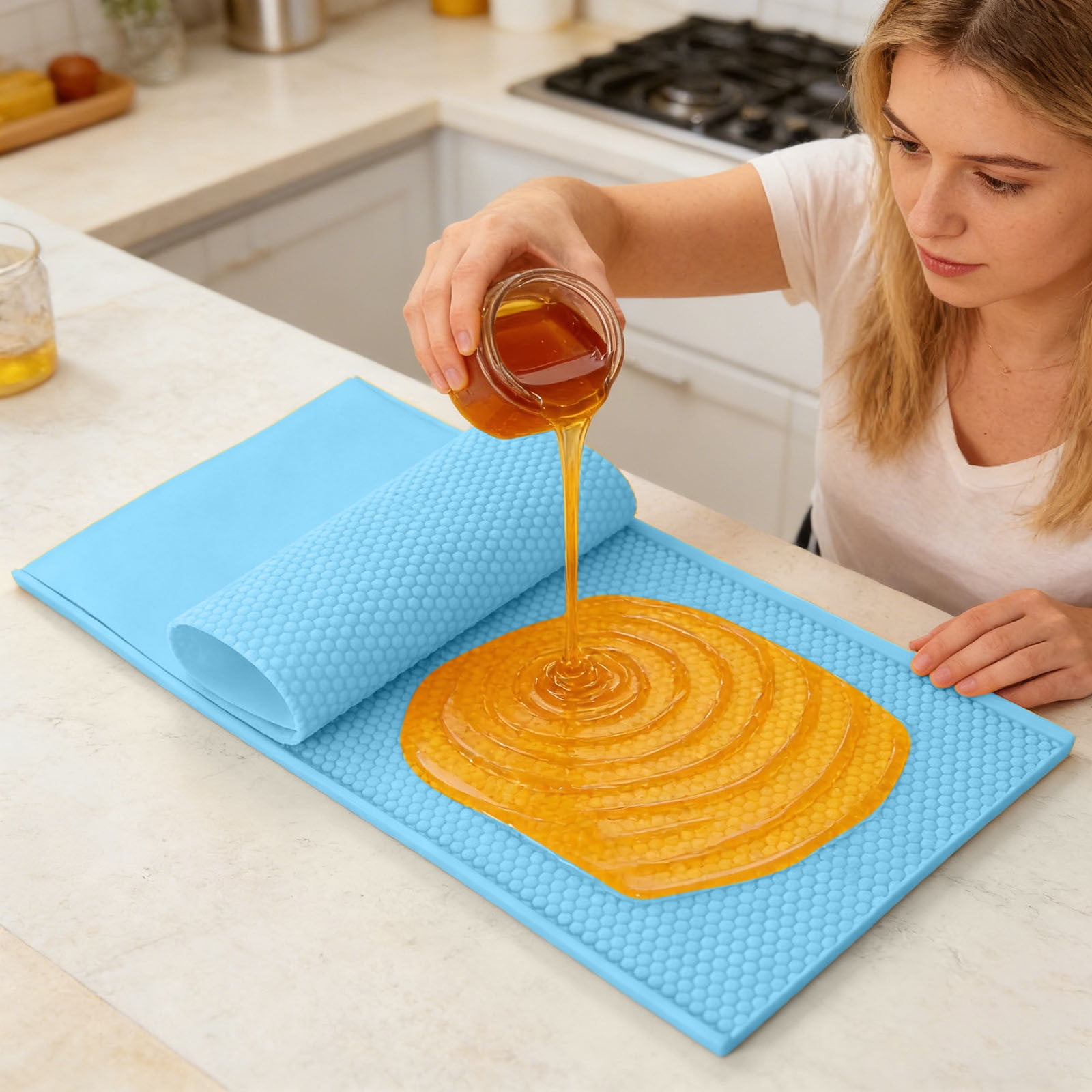 Silicone Beeswax Foundation Press Mold with Honey Scraper, 5.4mm Honeycomb 2 Sheets Non-Stick Reusable for Beekeeping and Candle Making Supplies (Blue)
