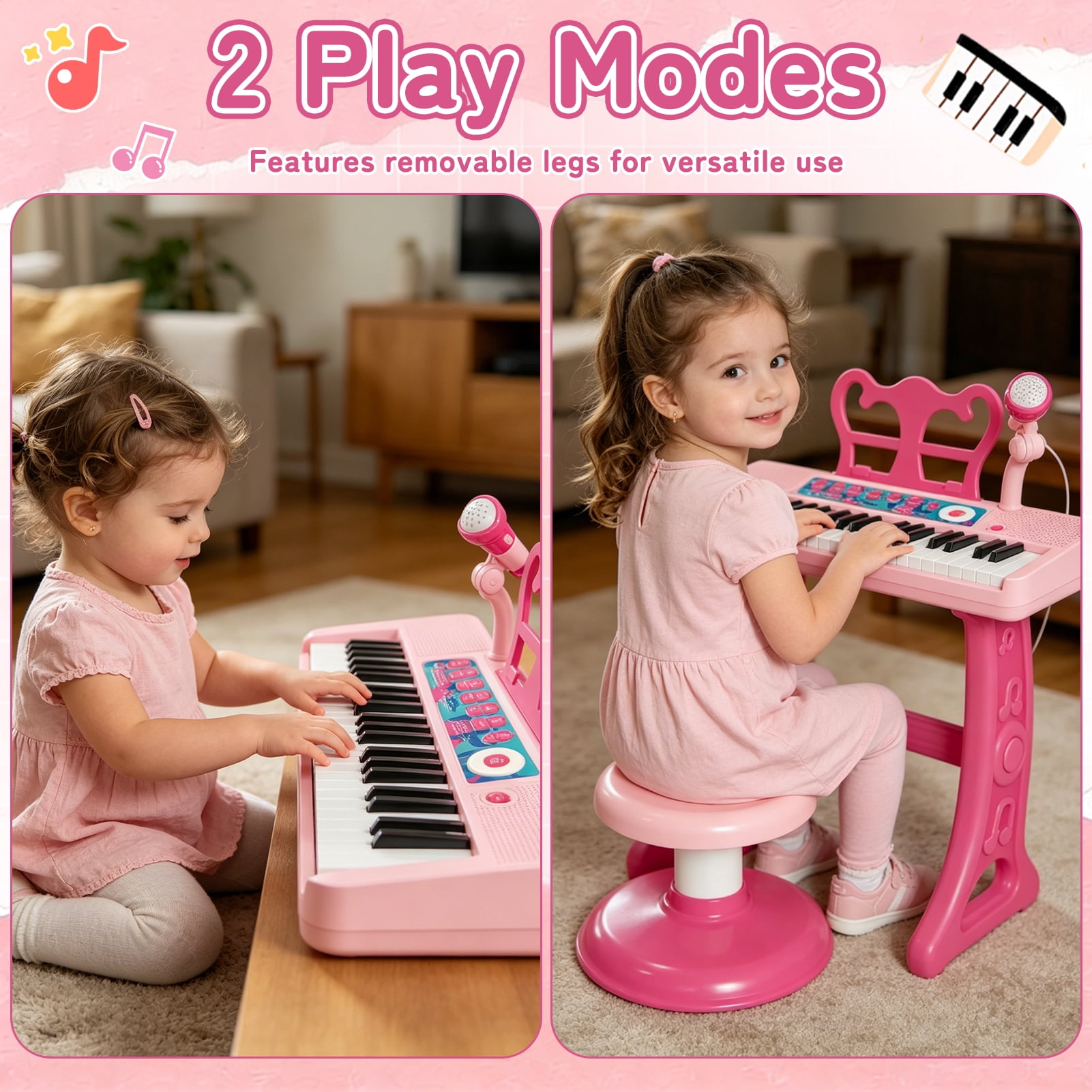 Tepear Kids Piano Keyboard Toys for Girls Age 3, 37 Keys Toddlers Piano Toy with Stool and Microphone, Pink Birthday Gift for 4 5 6 Years Old Boy Girl