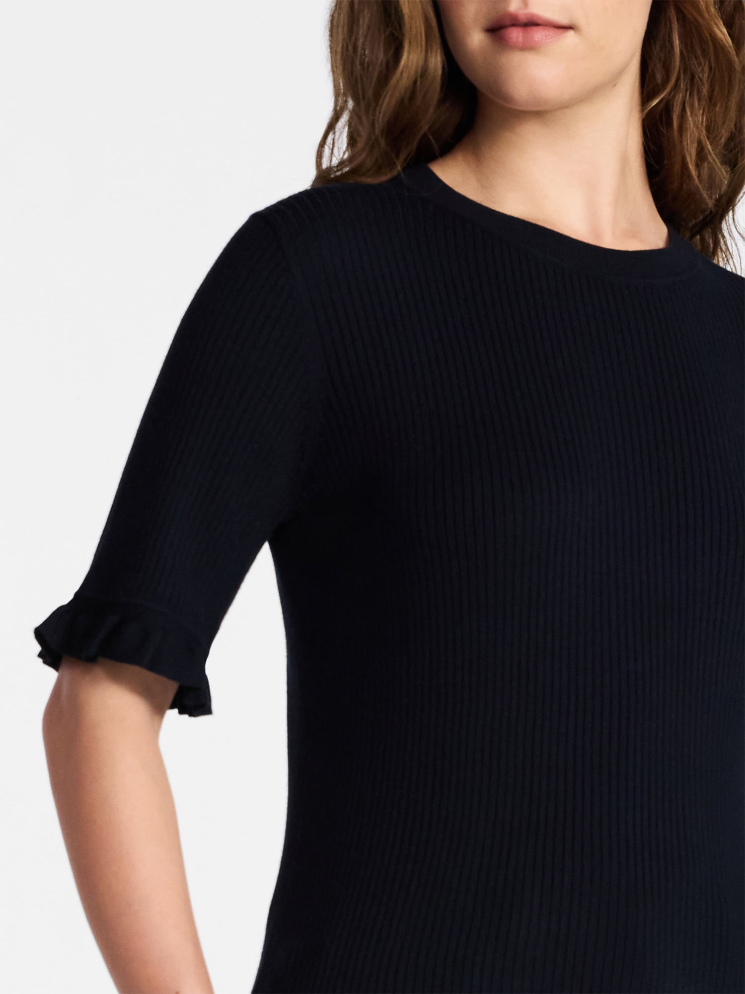 Time and Tru Women's Ribbed Sweater with Flounce Sleeves, Midweight, Sizes XS-XXXL