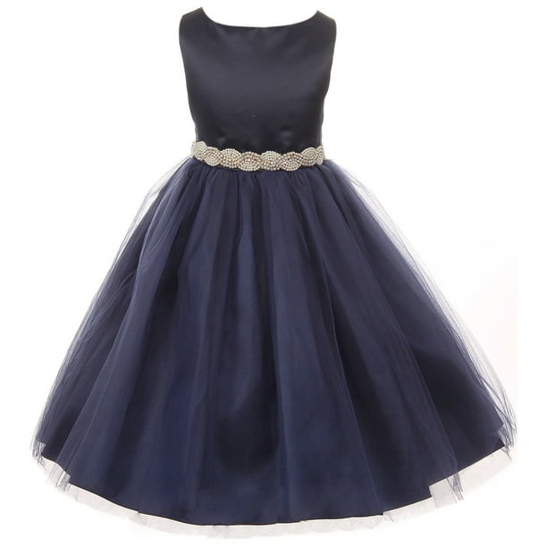 Dreamer P Big Girls' Dress Satin Pearl Rhinestones Tulle Pageant Party Flower Girl Dress Navy