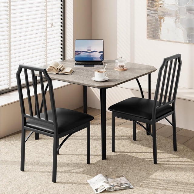 3-Piece Dining Table Set for 2, Small Kitchen Table with Upholstered Chairs, Space-Saving Furniture for Small Spaces, Apartment - Retro Grey