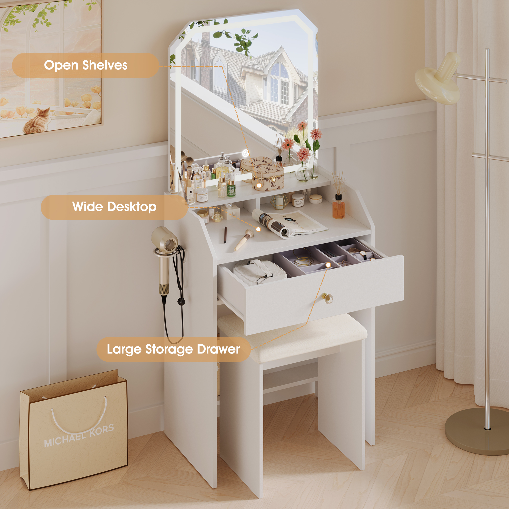Wildhome Vanity Set With Lighted Mirror,Vanity Desk With 2 Drawers Makeup Dressing Table 9 Lights Women Dresser Bedroom With Cushioned Stool Gold White