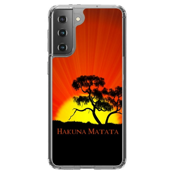 DistinctInk Clear Shockproof Hybrid Case for Galaxy S21 5G (6.2" Screen) - TPU Bumper, Acrylic Back, Tempered Glass Screen Protector - Hakuna Matata