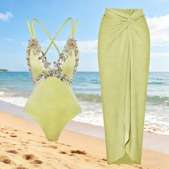 Trajes de baño de una pieza para mujer Traje de baño con estampado diario para mujer Traje de baño conservador de cuerpo unido Conjunto de dos piezas con falda de playa estampada