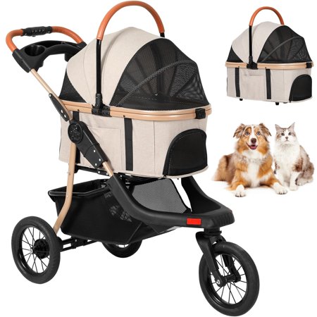 Pet Stroller, Premium 3-in-1 Large Dog Strollers for Cats/Dogs with Detachable Carrier, Zipperless Dual Entry, Foldable Jogging Travel, Rubber Tires, 3-Wheel