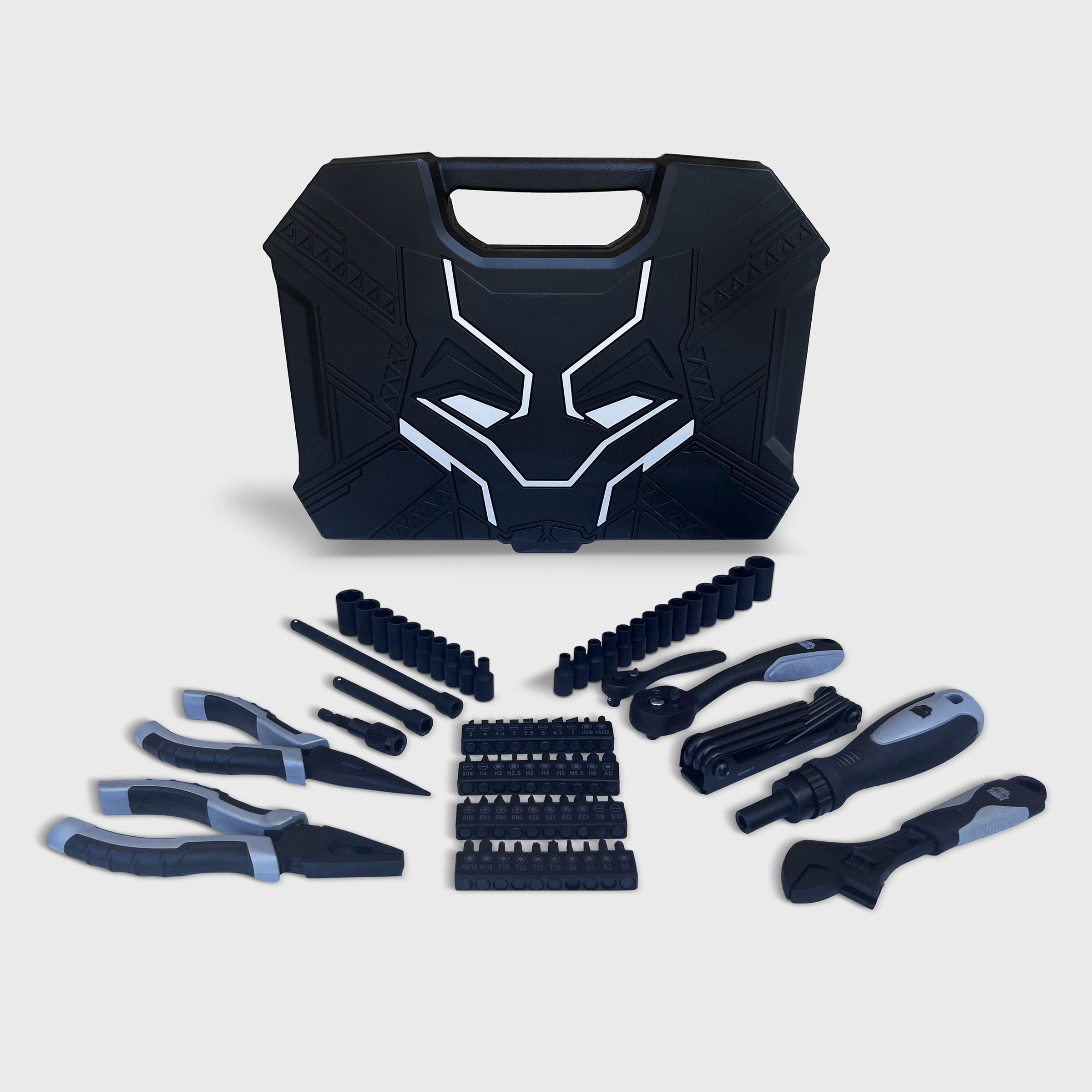 Marvel Black Panther 82pc Tool Set, Includes Ratchets, Sockets, Pliers, and Tool Case, Silver Edition