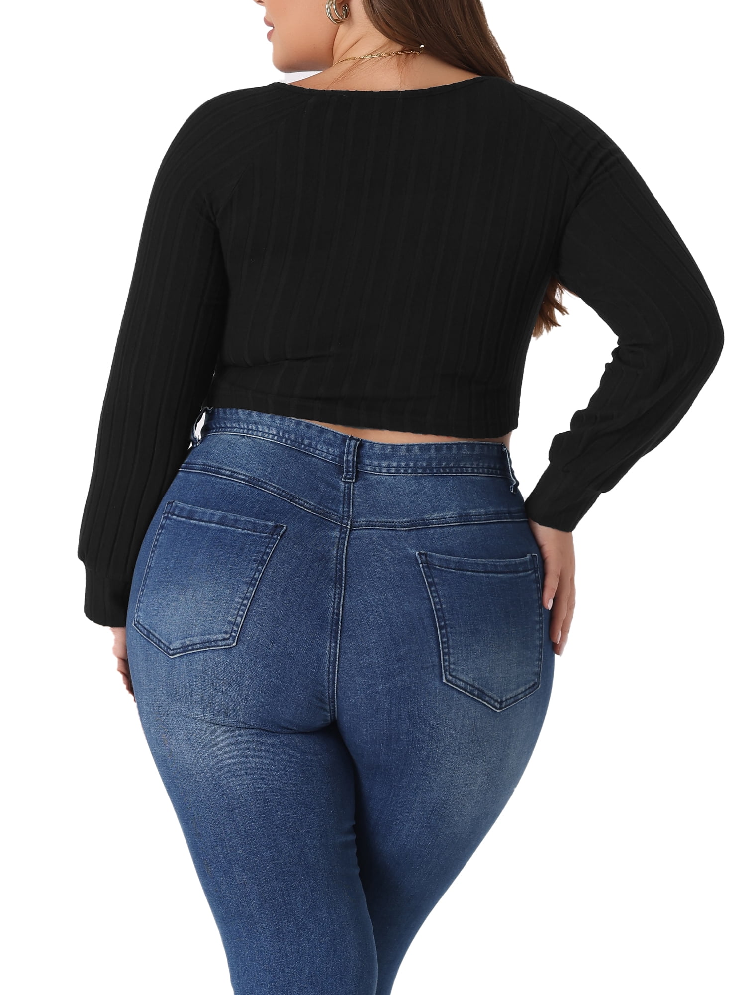 Unique Bargains Women's Plus Size Blouse Square Neck Long Sleeve Cropped Tops 4X Black