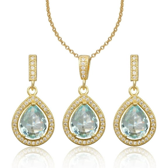 Teardrop Jewelry Set for Women - Sterling Silver Small Teardrop Cubic Zirconia Crystal CZ Rhinestone Drop Earrings and Pendant Necklace Set for Wedding Bride Bridesmaids Mother of Bride Prom Party