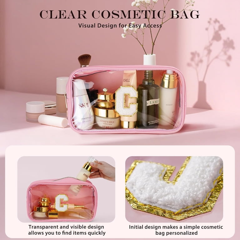 cute clear travel makeup bag Popvibe Mini Small Cosmetic Case Leather Hot Pink Pouch for Purse Organizer Make Up Bag for Women Car Toiletry Bag with Zipper for School : Beauty which is clear and visible for you to take out the storage items Soda Candy Initial Clear Makeup