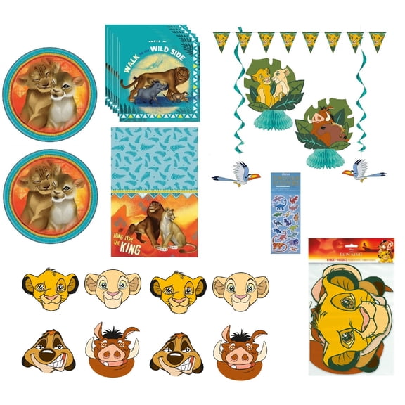 Lion King Birthday Party Supplies Bundle Includes 16 Plates 9", 16 Napkins, 1 Table Cover, 2 Mini Honeycomb Table Decorations, 4 Hanging Swirl Decorations, 1 Flag Bannger 8ft, 16 Paper Masks,