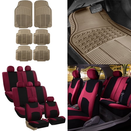 FH Group, 8 Seaters 3 Row Burgundy Seat Covers for SUV Van Combo with Beige Floor Mats