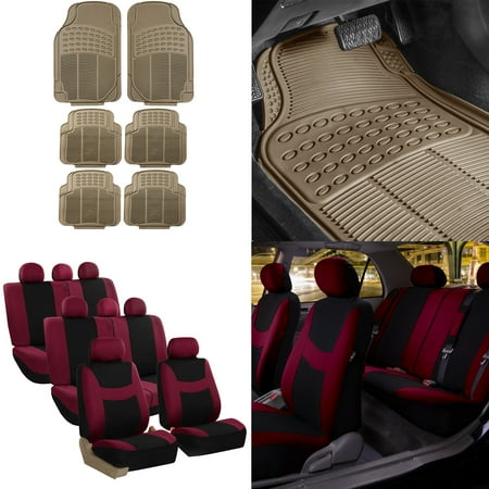Burgundy 3 Seat - FH Group, 8 Seaters 3 Row Burgundy Seat Covers for SUV Van Combo with Beige Floor Mats