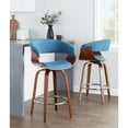 thumbnail image 4 of Vintage Mod 26" Mid-Century Modern Fixed-Height Counter Stool with Swivel in Walnut Wood and Blue Fabric with Round Chrome Metal Footrest by LumiSource - Set of 2, 4 of 9