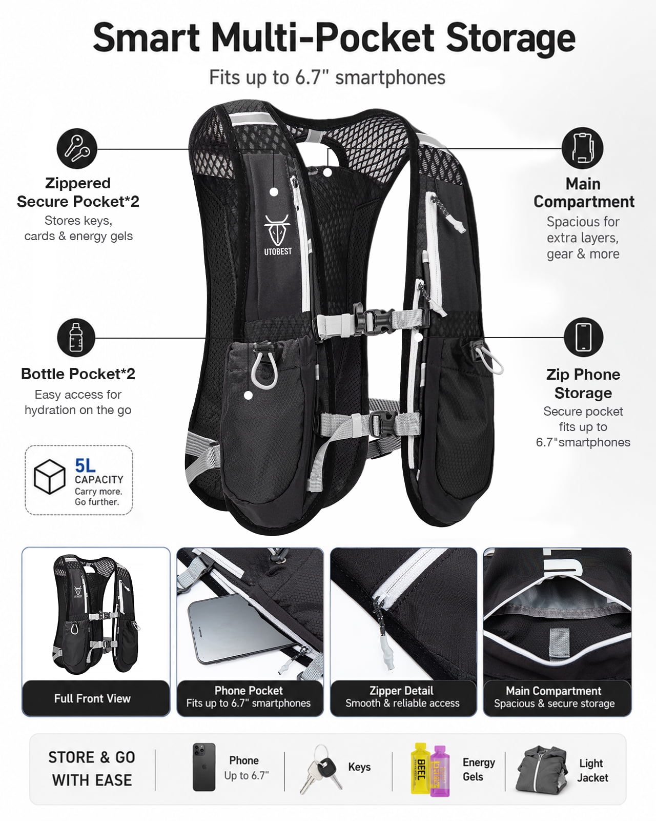 UTOBEST Running Backpacks Lightweight Hydration Pack Functional Running Vest 5L
