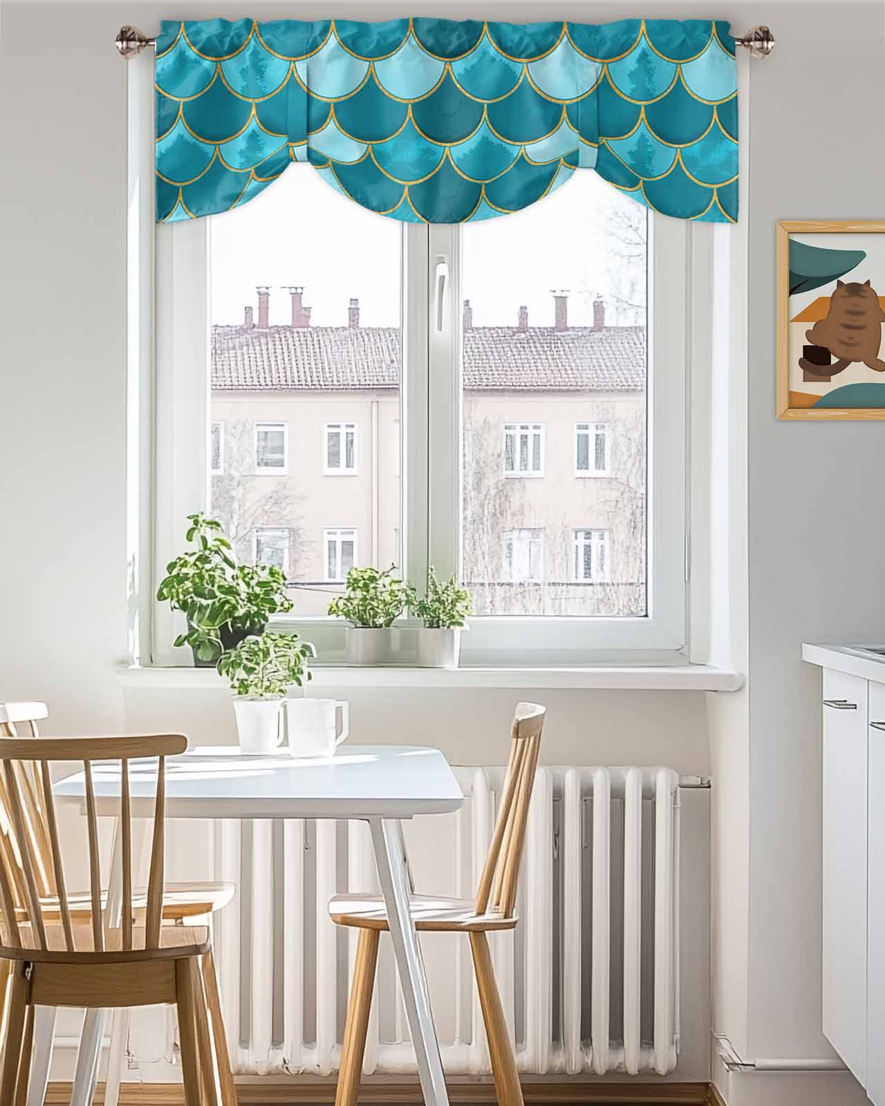 Turquoise Fish Scales Tie Up Valances Curtain, Adjustable Kitchen Ombre Fish Tail Abstract Art Vintage Valances for Windows Decor, Rod Pocket Short Curtains Set for Bedroom/Bathroom, 54"x18"