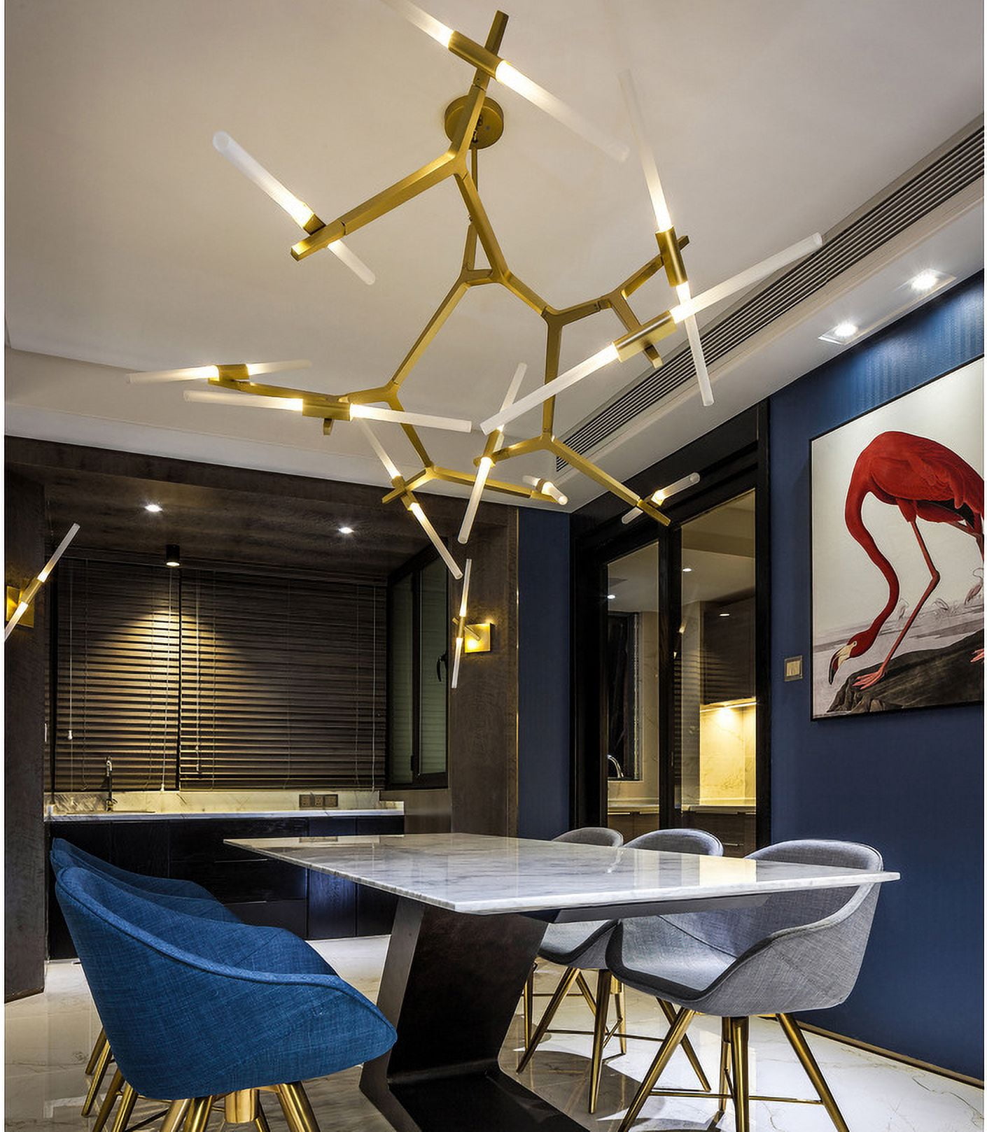 KPIBEST Mid Century Gold Sputnik Chandelier Large 20-Lights LED Chandelier Semi Flush Mount Ceiling Light Contemporary Round Dining Room Island Pendant Light Fixture