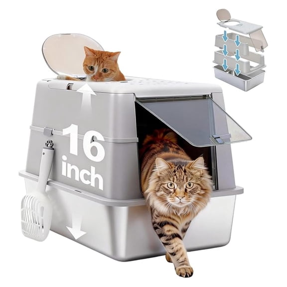 Stainless Steel Cat Litter Box, XL Extra Large Enclosed Litter Box with Non-Sticky Metal Pan, 16" High Sides& Anti-Leakage with , Front & Top Dual Entry for Big Cats, Gray