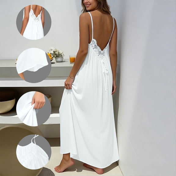 Summer Dresses for Women Spaghetti Strap Scoop Neck Backless Lace Maxi Dresses Loose Long Beach Vacation Sundress