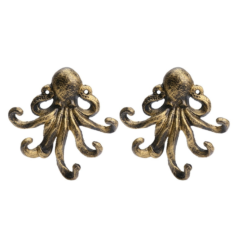 2pcs Cast Iron Octopus Wall Hooks Animal Coat and Hat Hook Hanger Decor  (Golden)