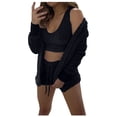 thumbnail image 3 of QLEICOM Womens Sexy Fuzzy 3 Piece Outfits Fleece Warm Hooded Cardigan Crop Top Shorts Set Pajamas Loungewear Black 3XL, US Size 14, 3 of 4