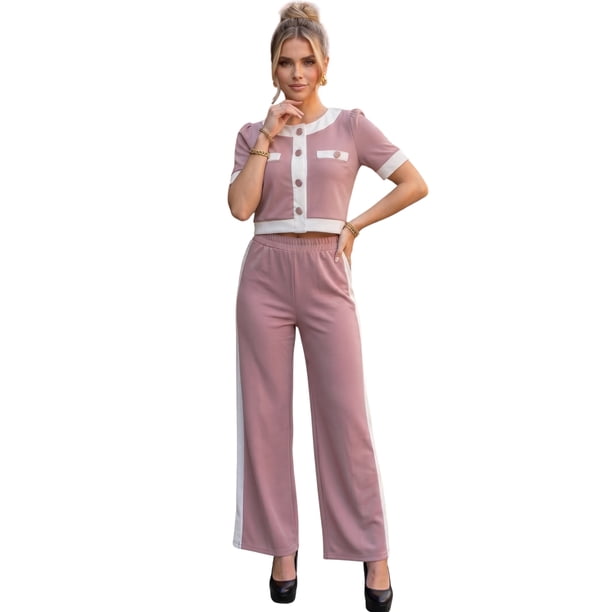 Conjunto Casual para Mujer 2 Piezas Blusa Crop con Botones Decorativos y Pantalón Palazzo de Pierna Ancha