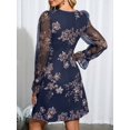 thumbnail image 2 of Navy Blue Womens Floral Embroidered Short Dress With Sheer Long Sleeves And Round Neck, 2 of 7