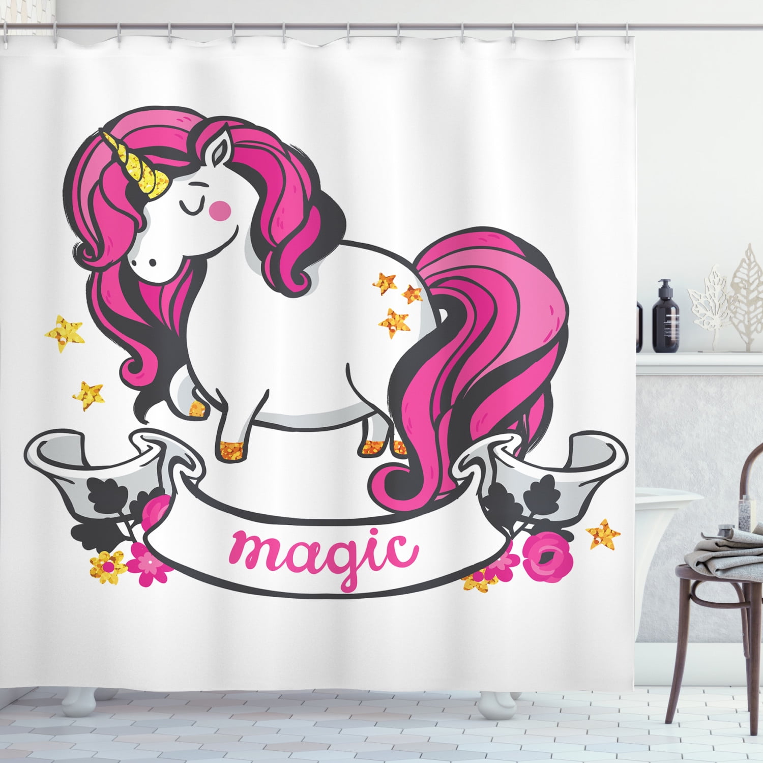 Unicorn Shower Curtain, Graphic of Surreal Animal with Long Horn and