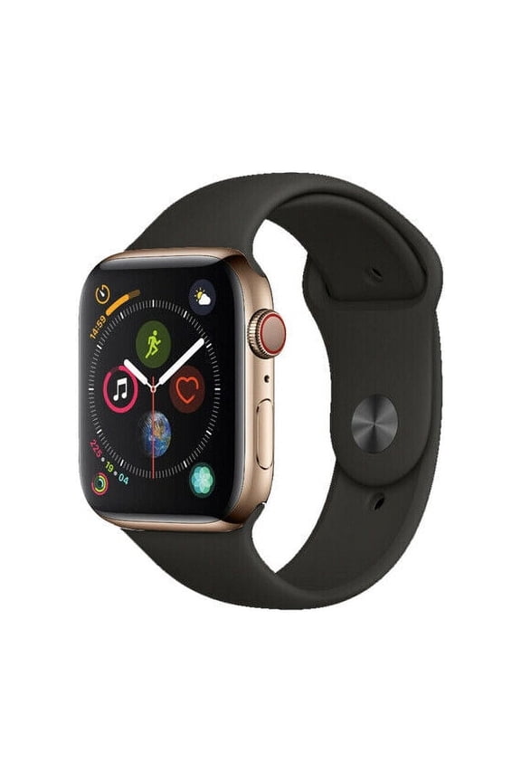 Pre-Owned Apple Watch Series 4 GPS + Cellular 44 mm Gold Stainless Steel Black Sport Band, 16 Gigabytes