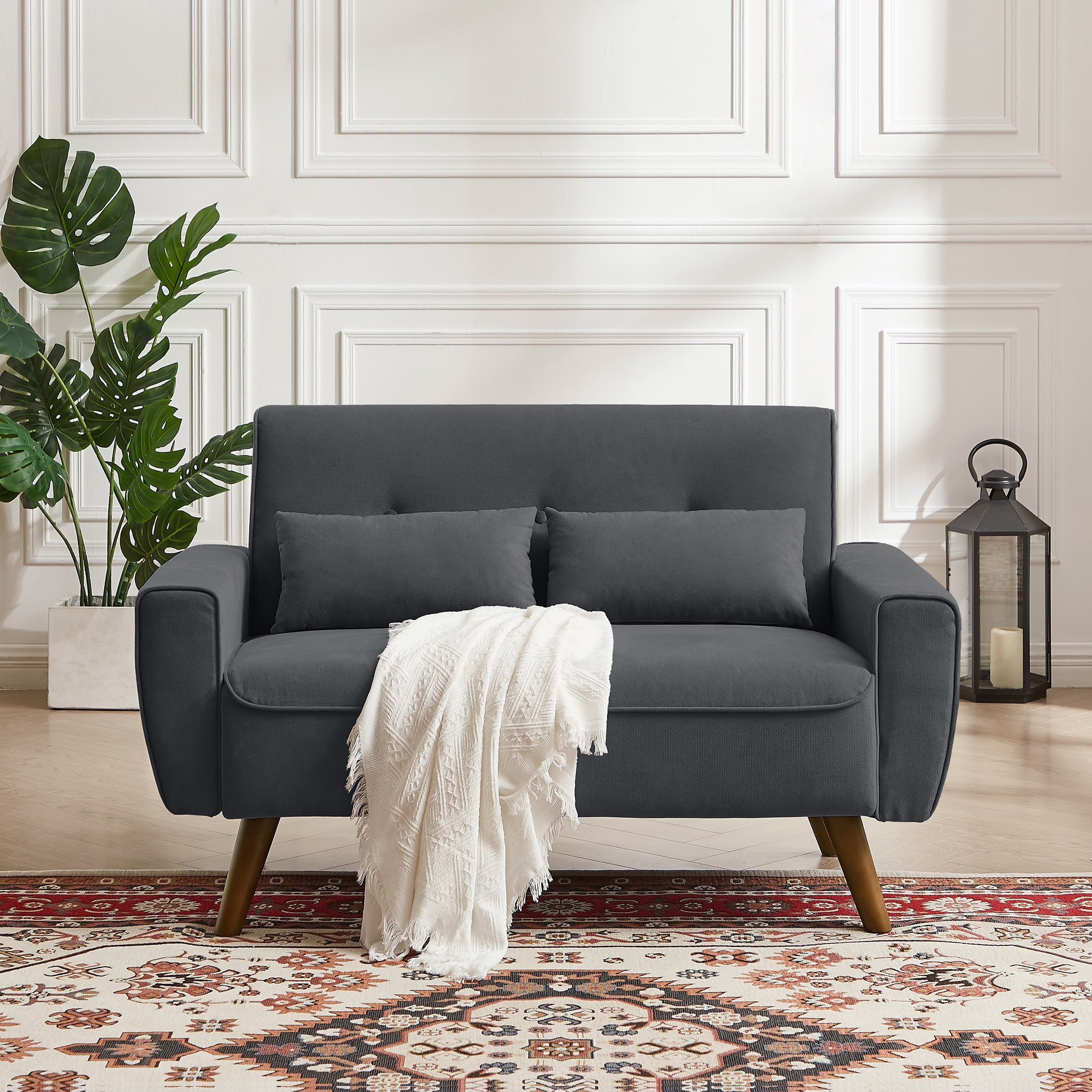 Tornama Mid Century Modern Linen Fabric Tapered Wood Legs Loveseat, Dark Grey