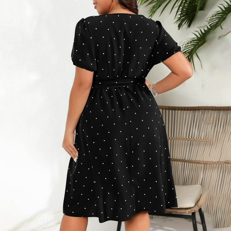 Zpanxa Plus Size Women's Retro Polka Dot Square Neck Dress Waist Tie Flared  Hem Summer Dress - Walmart.com