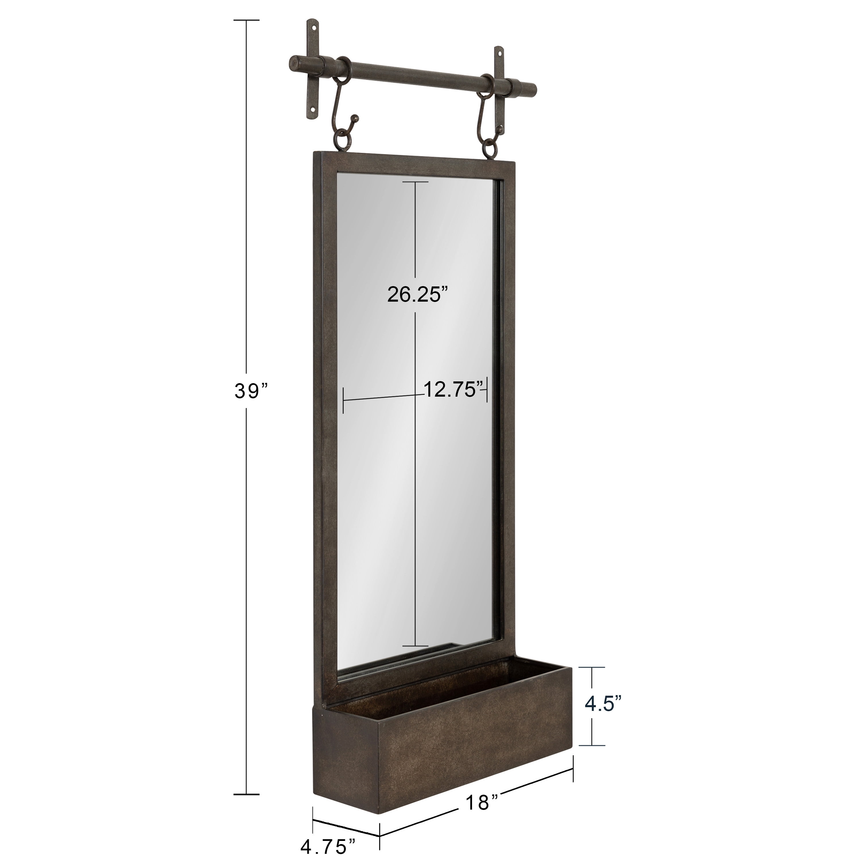 Kate and Laurel Gammons Modern Pub Mirror, 18 x 39, Natural Iron, Decorative Metal Industrial Mirror With Rectangular Shape and Wide Pocket Shelf for Storage and Display