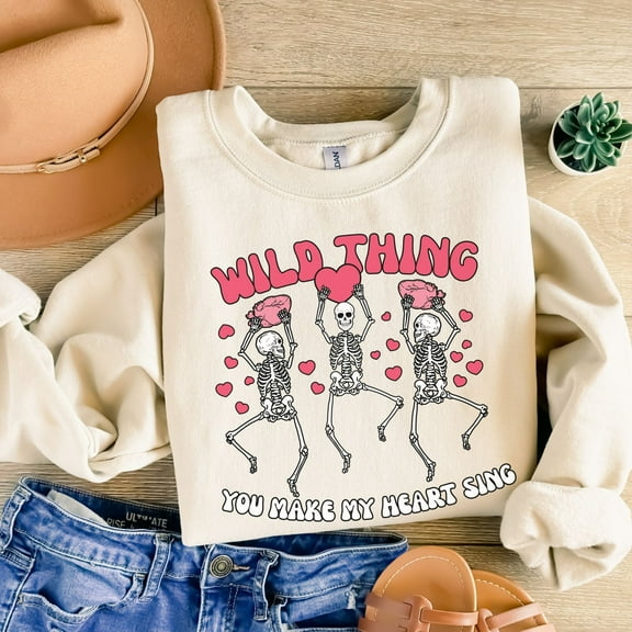 Womens Valentines Day Sweatshirt, Valentine Wild Thing Skeleton Sweatshirt, Womens Valentines Day Sweater, Valentines Sweater (Sizes:S; Colors:Sand;)