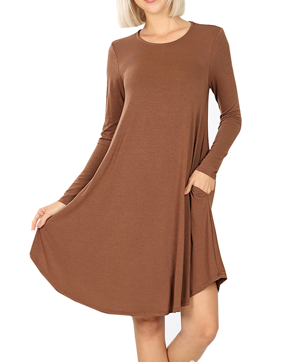 TheLovely - Women Long Sleeve Round Neck A-Line Pleated Knee Length ...