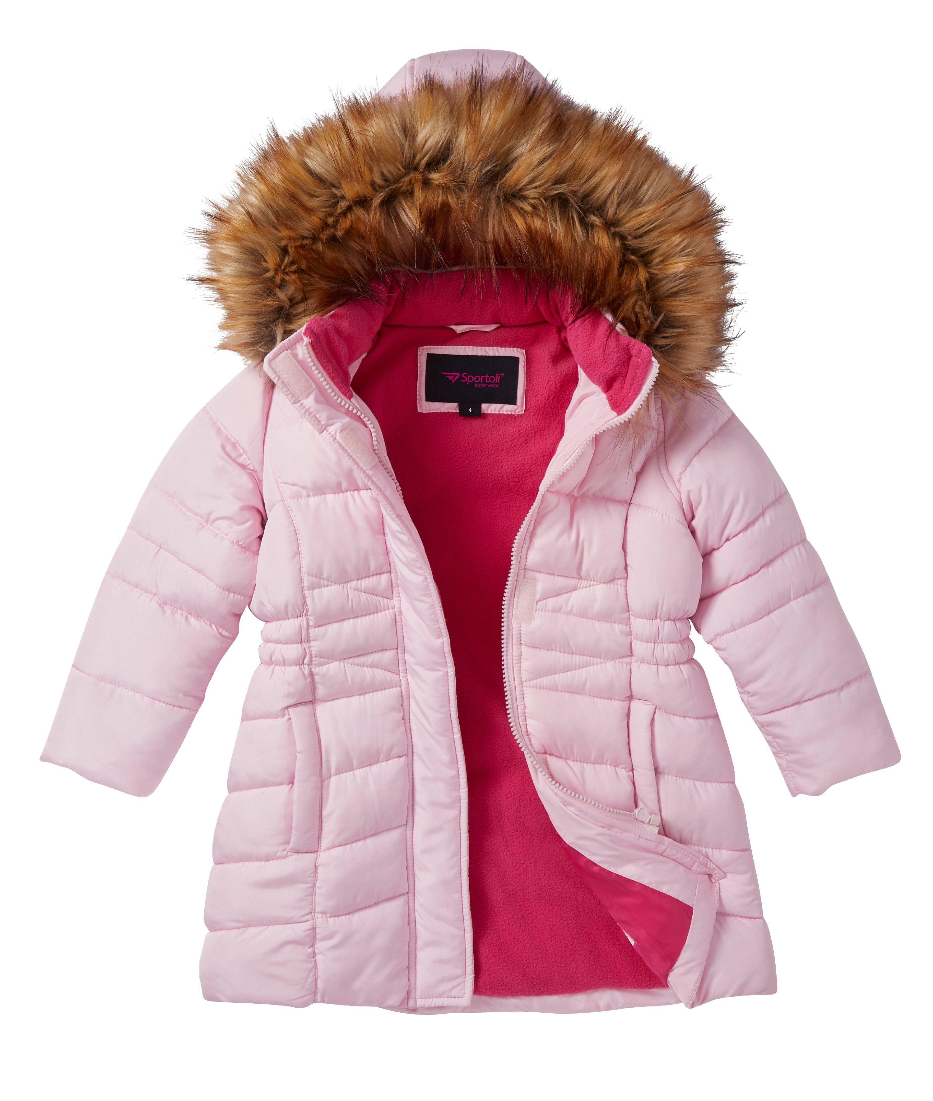 Girls Midlength Quilted Fleece Lined Winter Puffer Jacket Coat Zip-Off Fur Hood