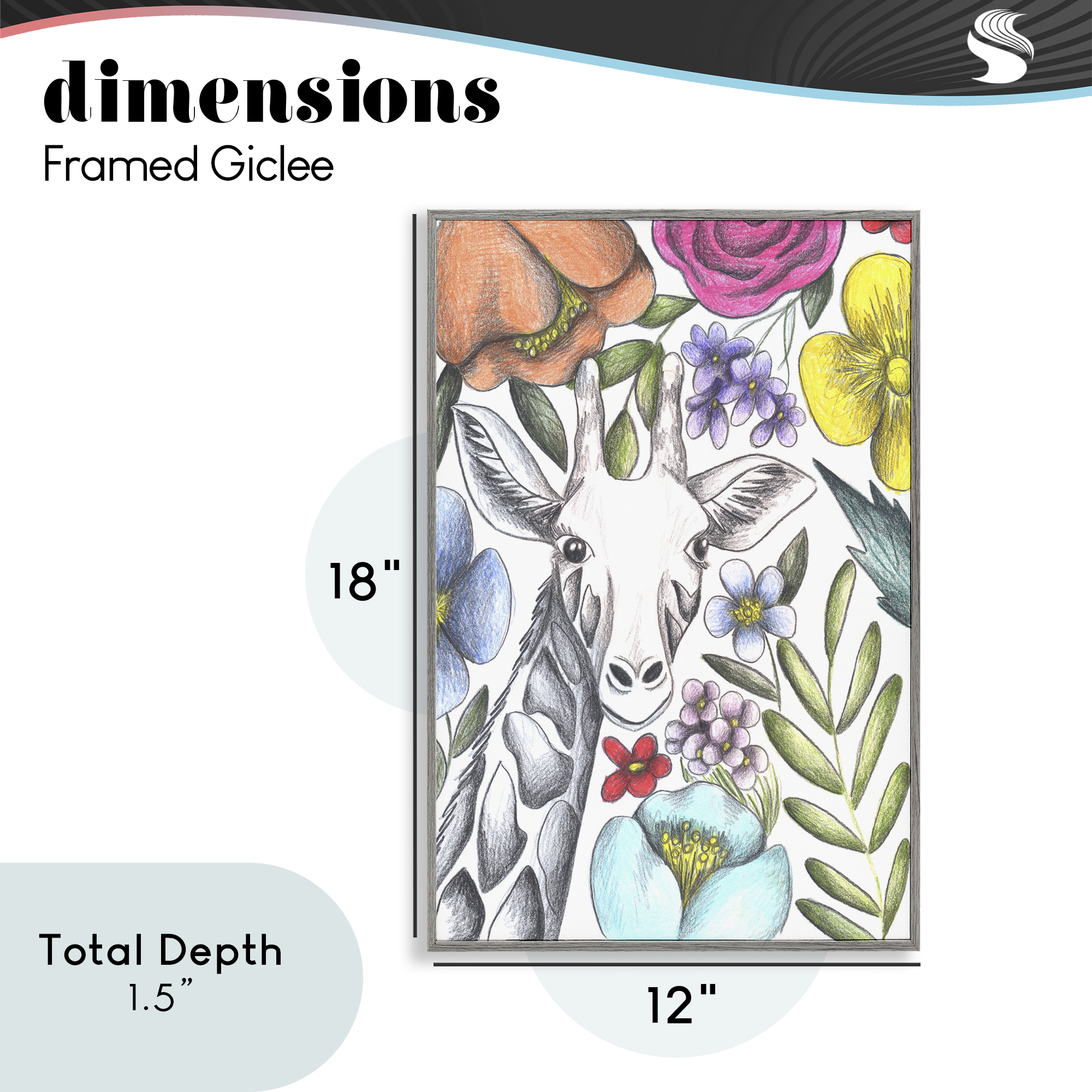 Giraffe In The Midst of Flowers Gray Framed Giclee Art, design by Cecilia Battaini