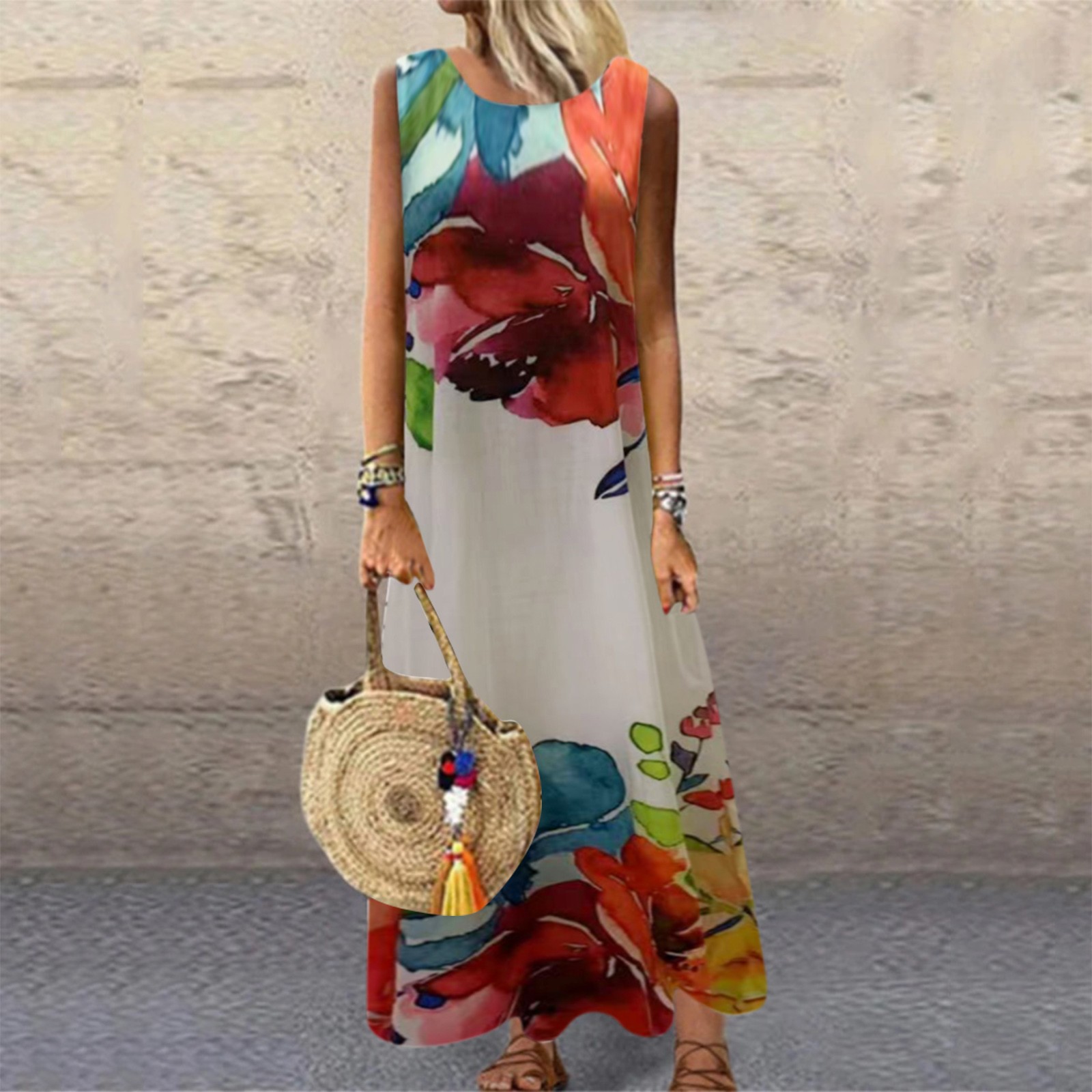 PhoneSoap Women Fashion Loose Long Dress Sleeveless ONeck Printed