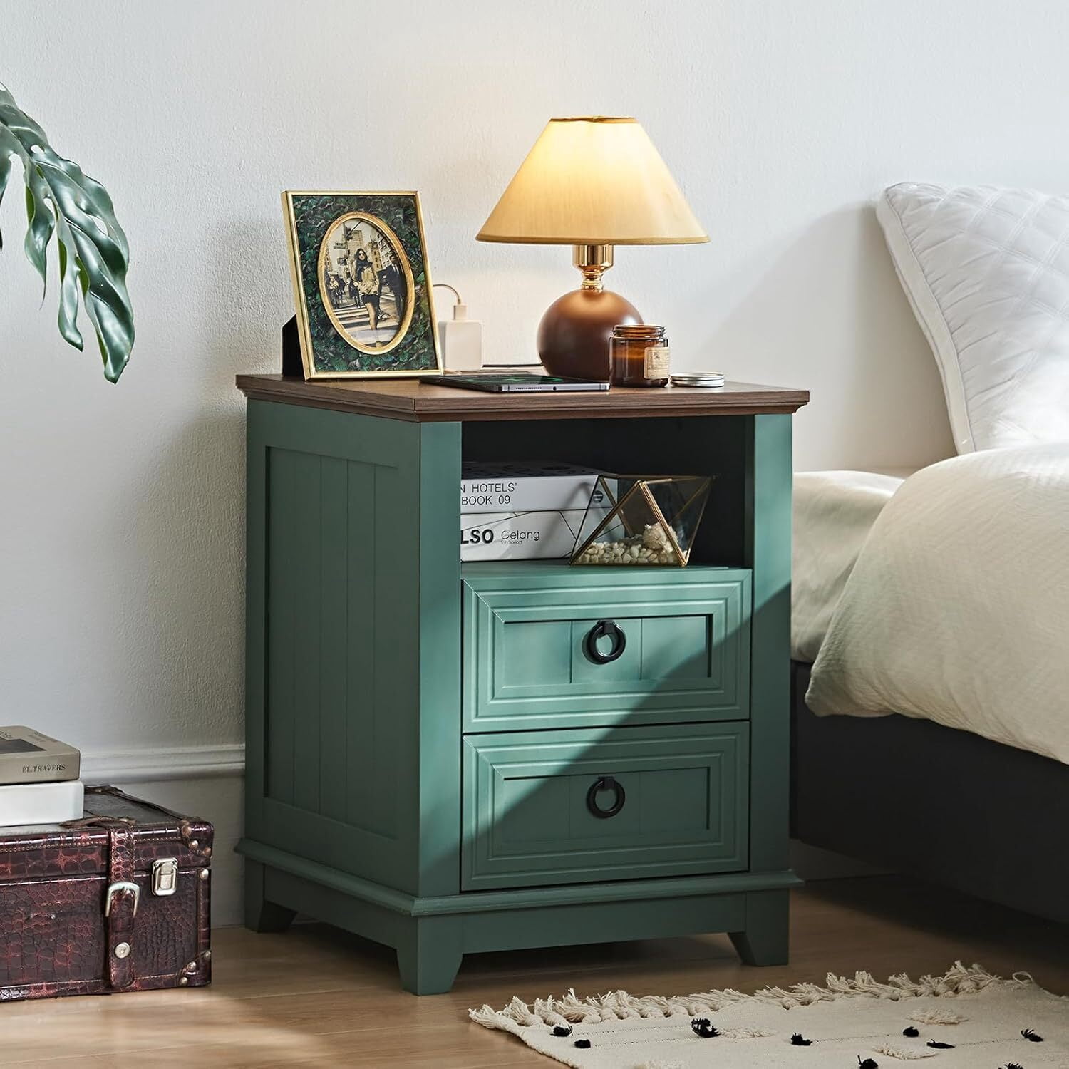 2 Pcs Joaxswe Farmhouse 18" Nightstand with Charging Station, Rustic Metal Wood End Tables with 2 Drawers, Adult Side Tables for Living Room, Green