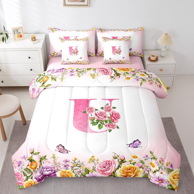 Erosebridal Ensembles de Literie à Lettres Format Simple pour Ados, Ensembles de Douillette à Motif de Roses avec Draps, Décoration de Chambre Papillon, Réversible, Respirant, 7 Pcs
